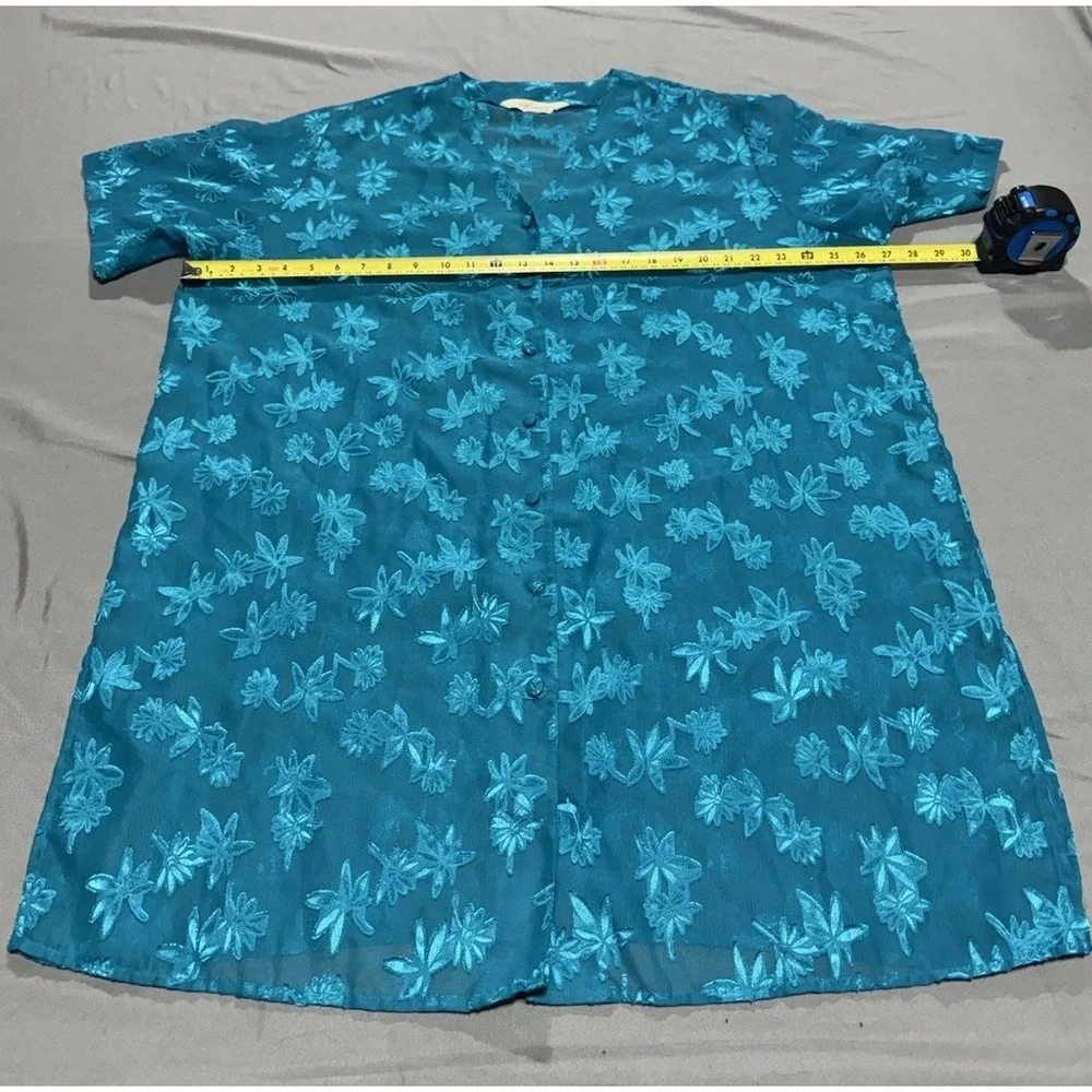 Vintage Lane Bryant Intimates Sheer Button Front Nightshirt Blue Floral 90s Plus